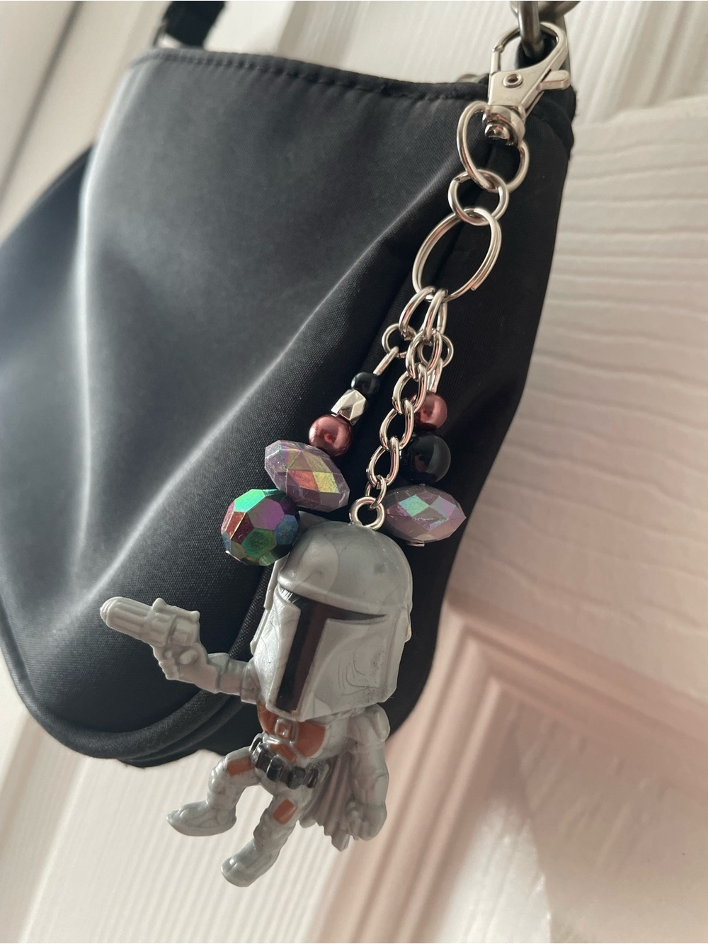 Helmeted Bounty Hunter Keychain Bag Charm - Silver & Iridescent Beads